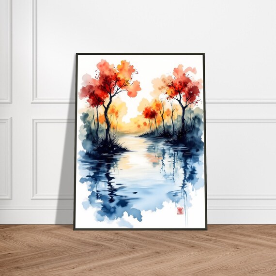 Japanese Autumn River Red Orange Trees Reflection Watercolor Poster