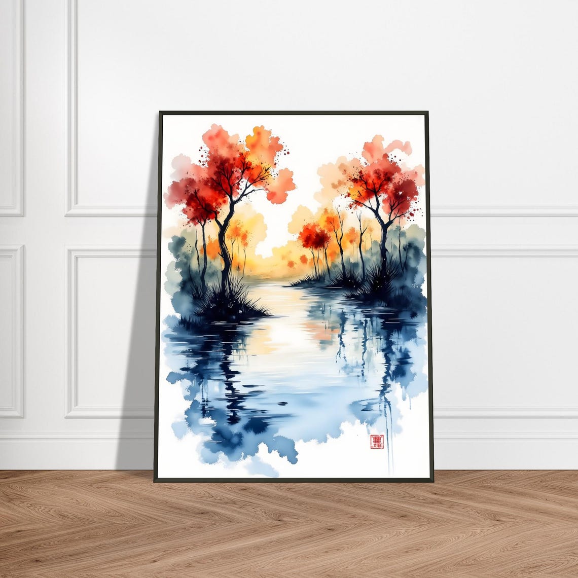 Japanese Autumn River Red Orange Trees Reflection Watercolor Poster