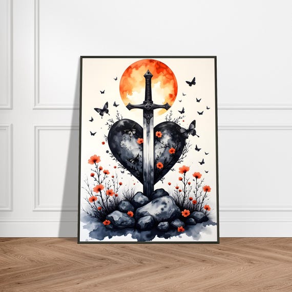 Sword Through Heart With Butterflies Metal Framed Japanese Gothic Art Print Floral Love And War Fantasy Decor