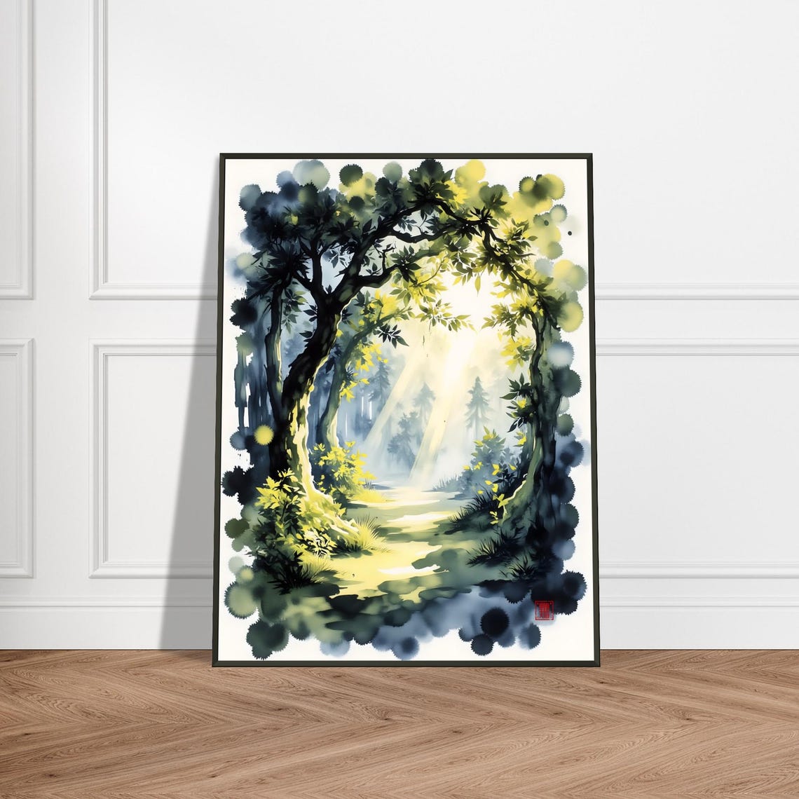Sunlit Forest Arch Pathway Watercolor Poster Golden Light Rays
