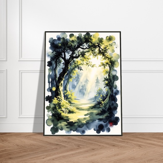 Sunlit Forest Arch Pathway Watercolor Poster Golden Light Rays