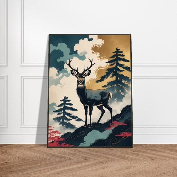 Majestic Stag In Misty Japanese Mountains Ukiyoe Style Wildlife Art Elegant Nature Illustration Mystical Forest Wall Decor