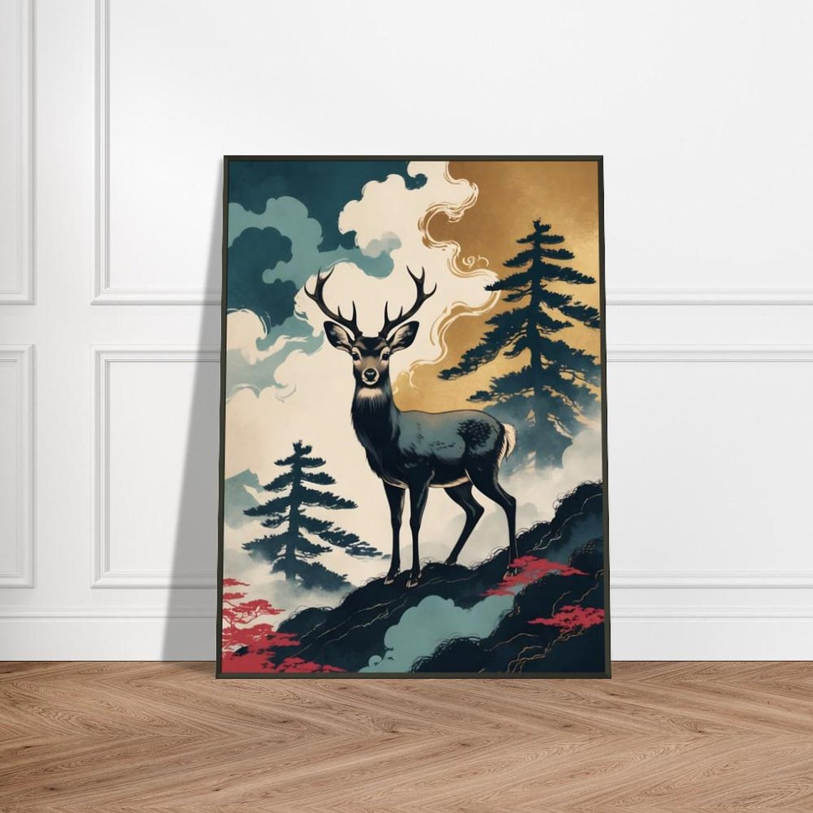 Majestic Stag in Misty Japanese Mountains Ukiyo-e Wildlife Poster