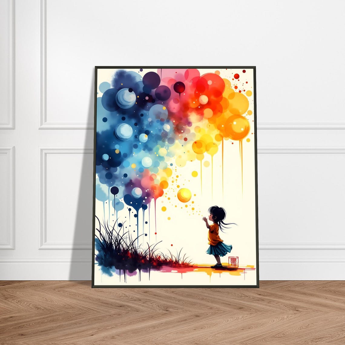 Little Girl Reaching For Colorful Bubbles Dreamy Watercolor Poster