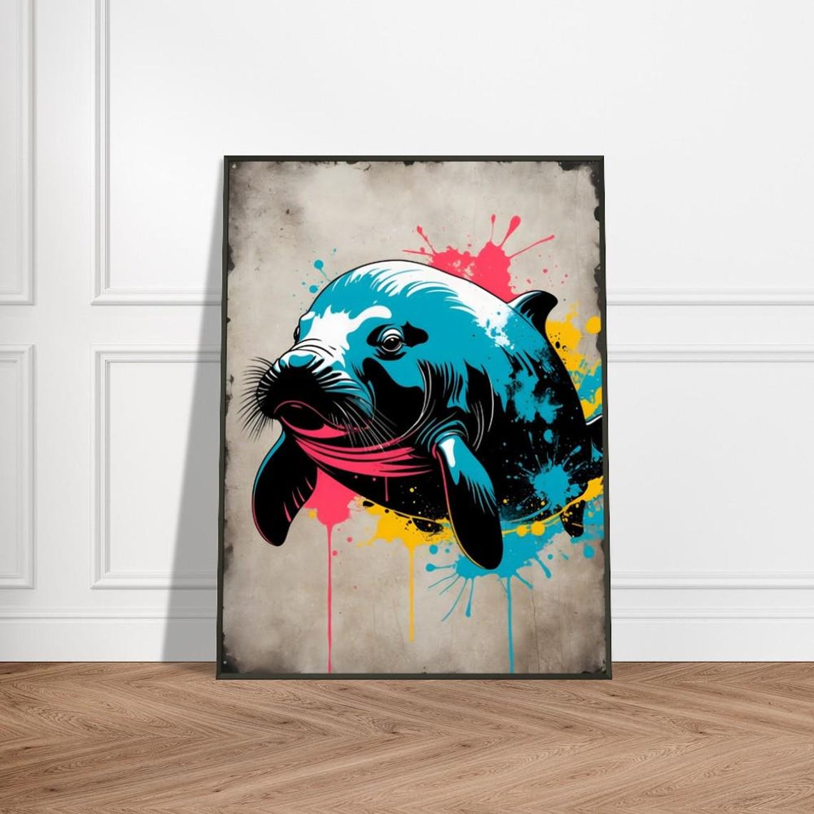 Playful Manatee Splash Art Cute Neon Sea Cow Street Style Poster