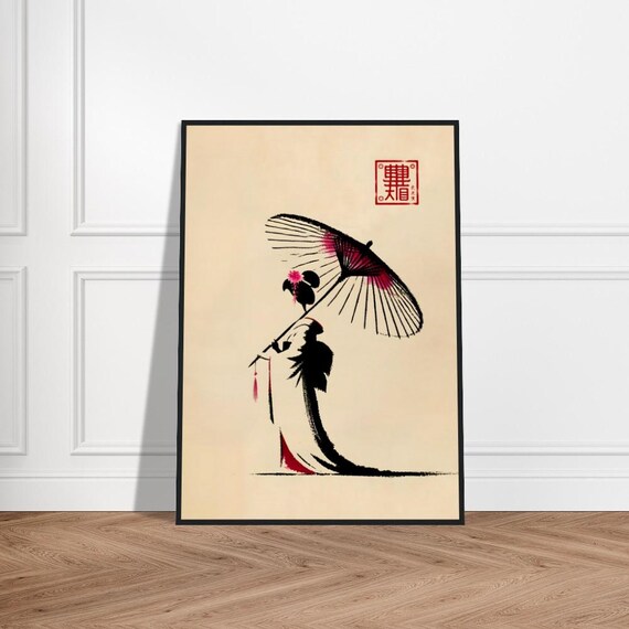Geisha Holding Parasol Red Black Ink Japanese Art Poster Elegant