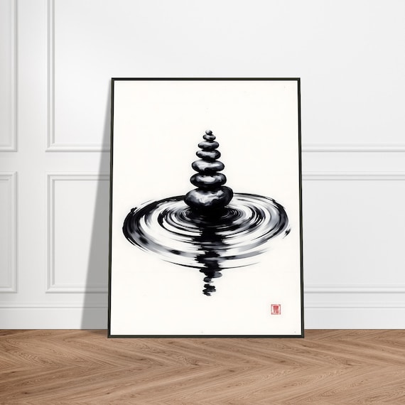 Stacked Black Stones Cairn Above Soft Ink Ripples Poster Art