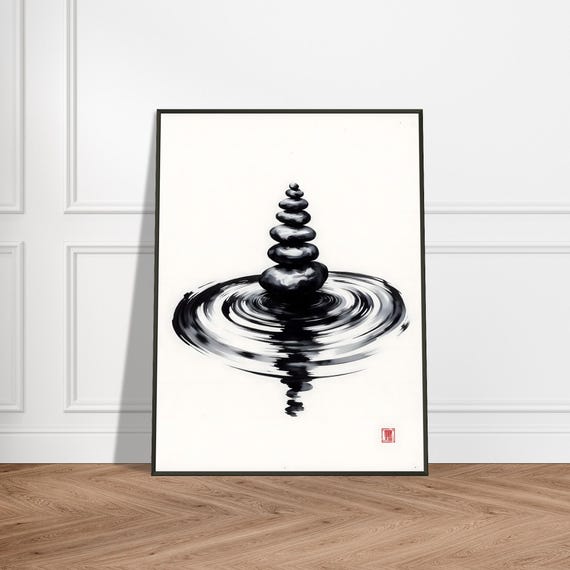 Zen Rock Stack Ink Print Japanese Sumie Style Balance Stones Art Minimalist Ripple Water Painting Tranquil Meditation Wall Decor