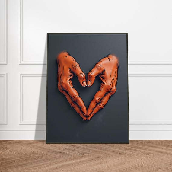 Graffiti Hands Forming Heart Modern Street Art Style Wall Decor Bold Orange Hand Illustration Love Symbol Urban Pop Poster Print