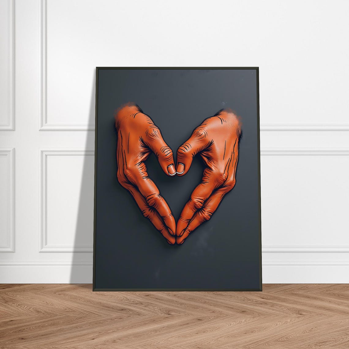 Orange Gloved Hands Forming a Heart on Dark Background Art Poster