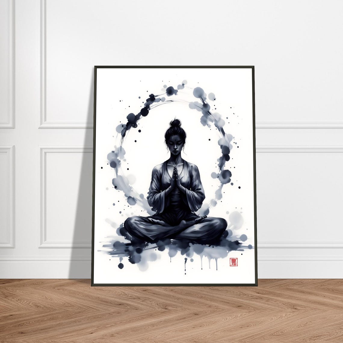 Zen Meditation Woman Prayer Pose Enso Circle Japanese Ink Poster