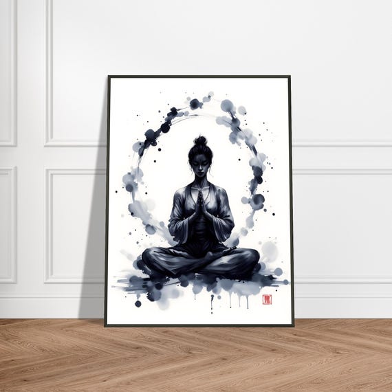 Zen Meditation Wall Art Japanese Ink Style Woman In Pose Metal Framed Minimalist Spiritual Decor