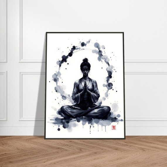 Zen Meditation Woman Prayer Pose Enso Circle Japanese Ink Poster