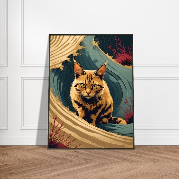 Golden Tabby Cat with Ocean Waves Japanese Inspired Art Poster