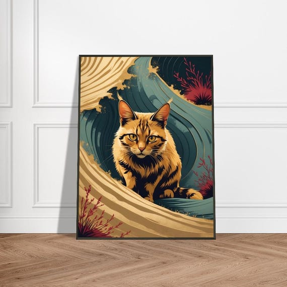 Golden Tabby Cat With Ocean Waves Japaneseinspired Animal Art Vibrant Nature Illustration Mystical Feline Wall Decor