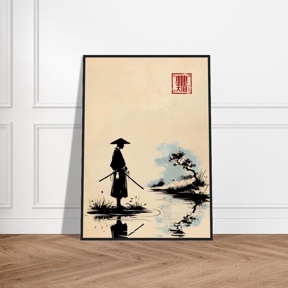 Samurai Silhouette by Water Japanese Sumi E Ink Reflection Poster