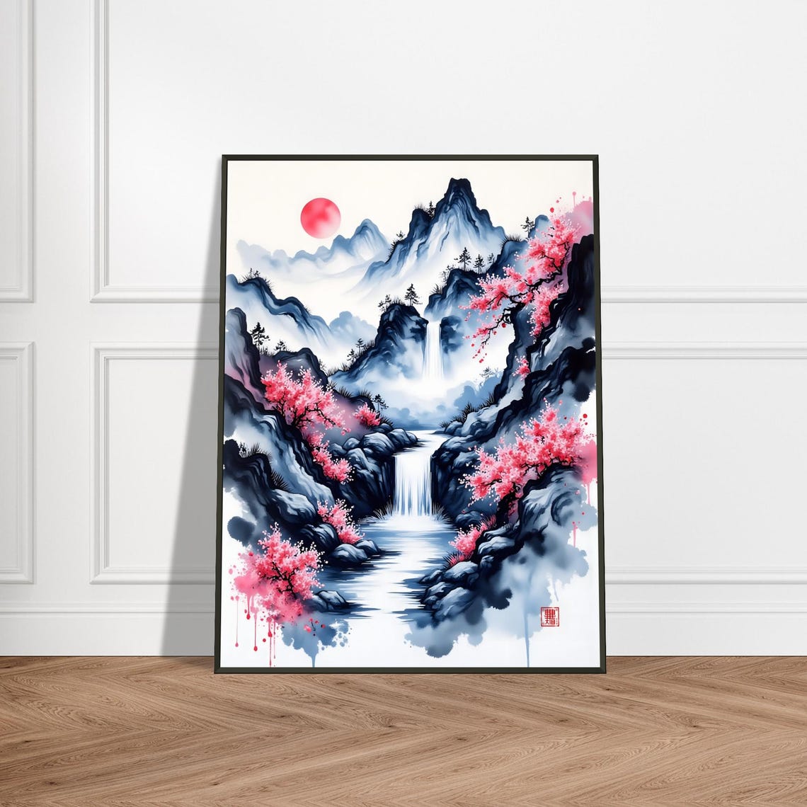 Japanese Cherry Blossom Waterfall Mountain Ink Wash Painting Poster