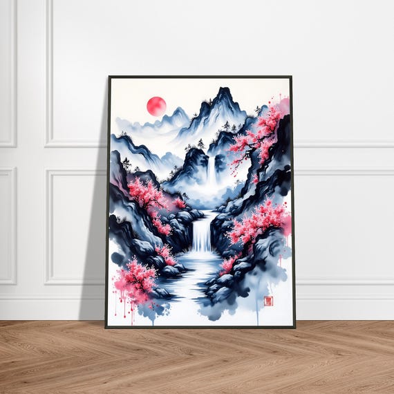 Metal Framed Sumie Cherry Blossom Waterfall Print Japanese Ink Mountain Landscape Wall Art Zen Decor Ready To Hang Gift