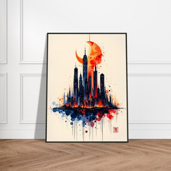 City Skyline Under Red Crescent Moon Ink Wash Cityscape Poster