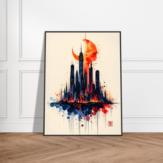 Crescent Moon Over City Skyline Metal Framed Japanese Urban Fantasy Art Print Vibrant Nightscape With Abstract Elements