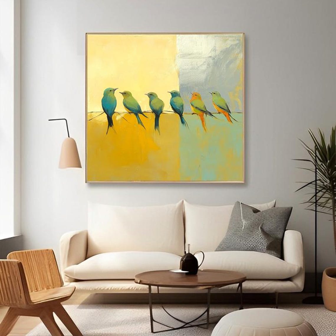 Seven Colorful Birds Perched on a Wire Over Gold Blocks Poster - Image 5