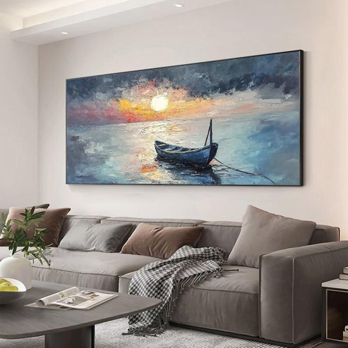 Lone Wooden Boat Drifting Under Moonlight On Calm Night Sea Art Poster - Image 3