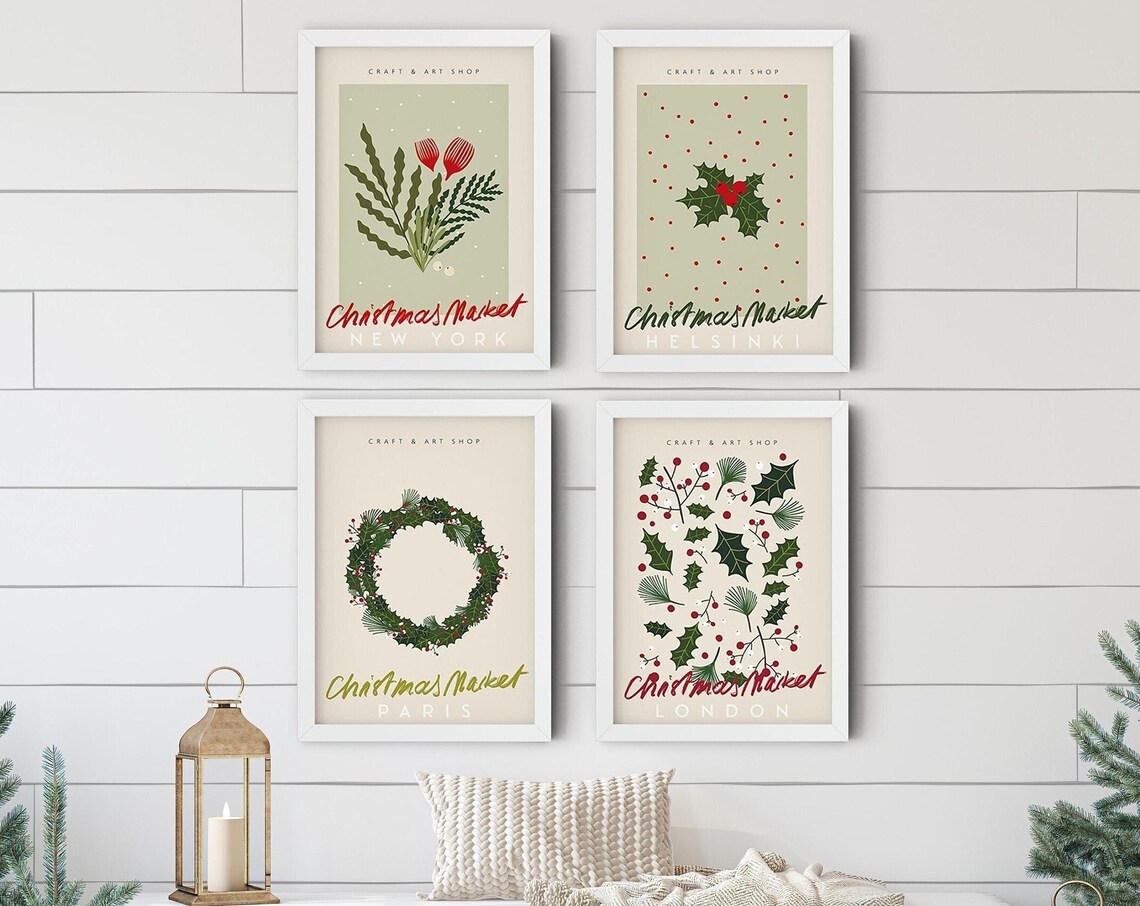 Christmas Market Botanical Prints Set of 4 City Holiday Wall Art