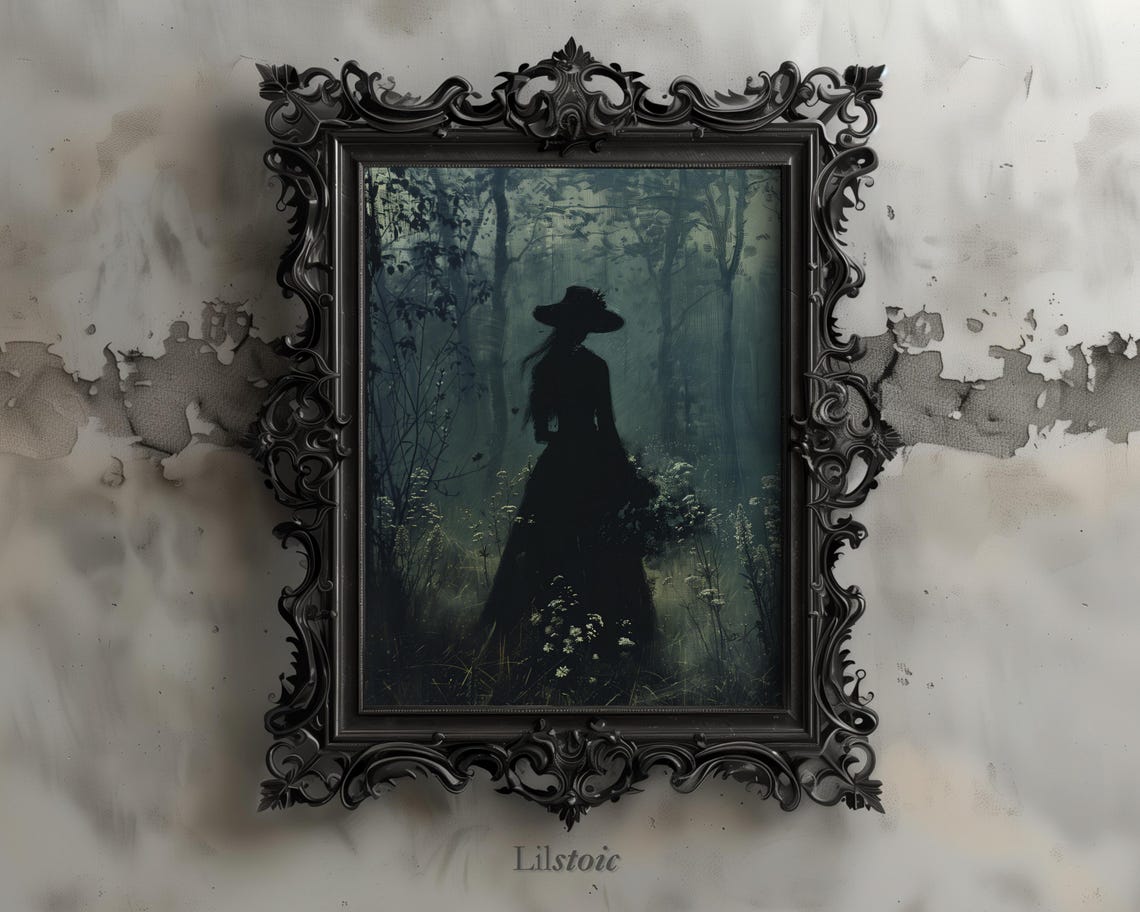 Dark Academia Woman Print Moody Gothic Forest Oil Painting Instant