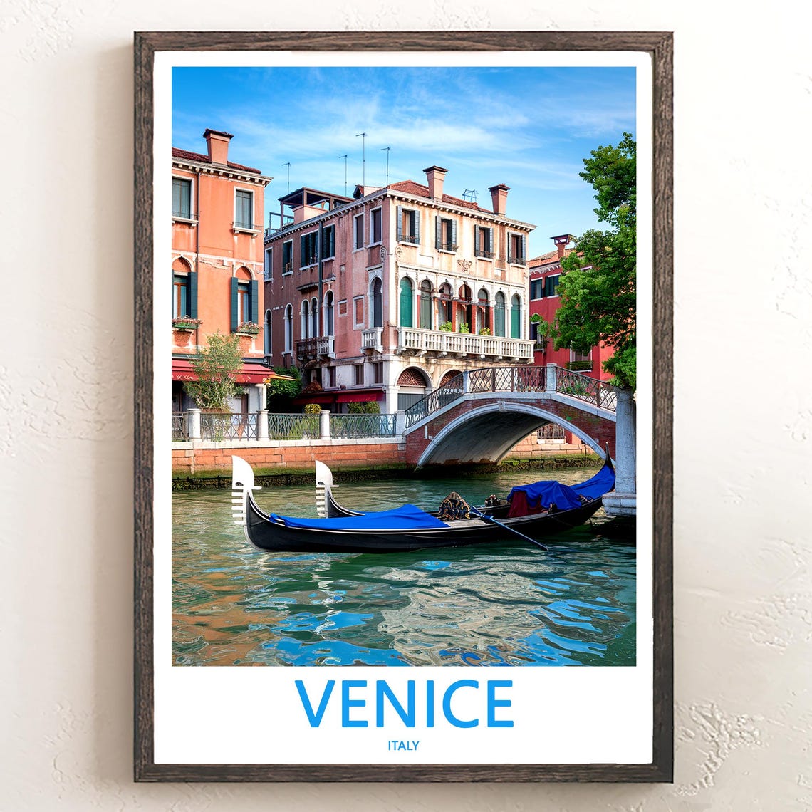 Venice Italy Small Canal Bridge With Moored Gondolas Photo Poster