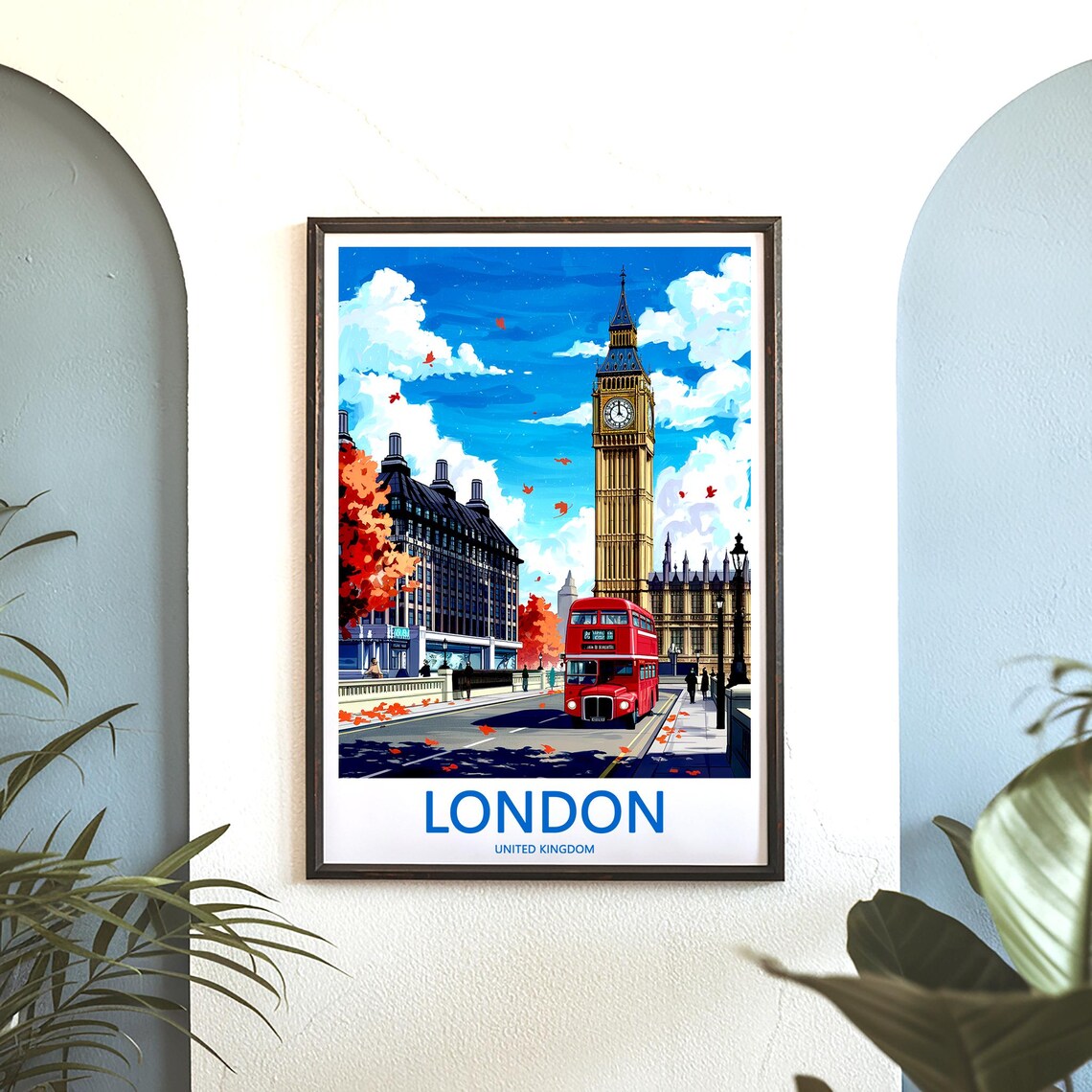 Big Ben Classic Routemaster Bus Autumn Street Illustration Poster - Image 3