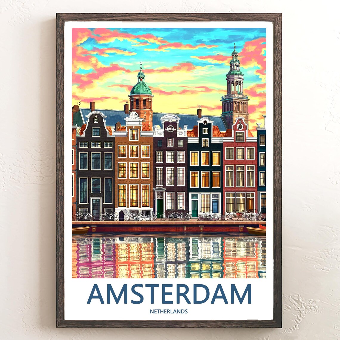 Amsterdam Gabled Canal Houses at Sunset Vintage Art Travel Poster