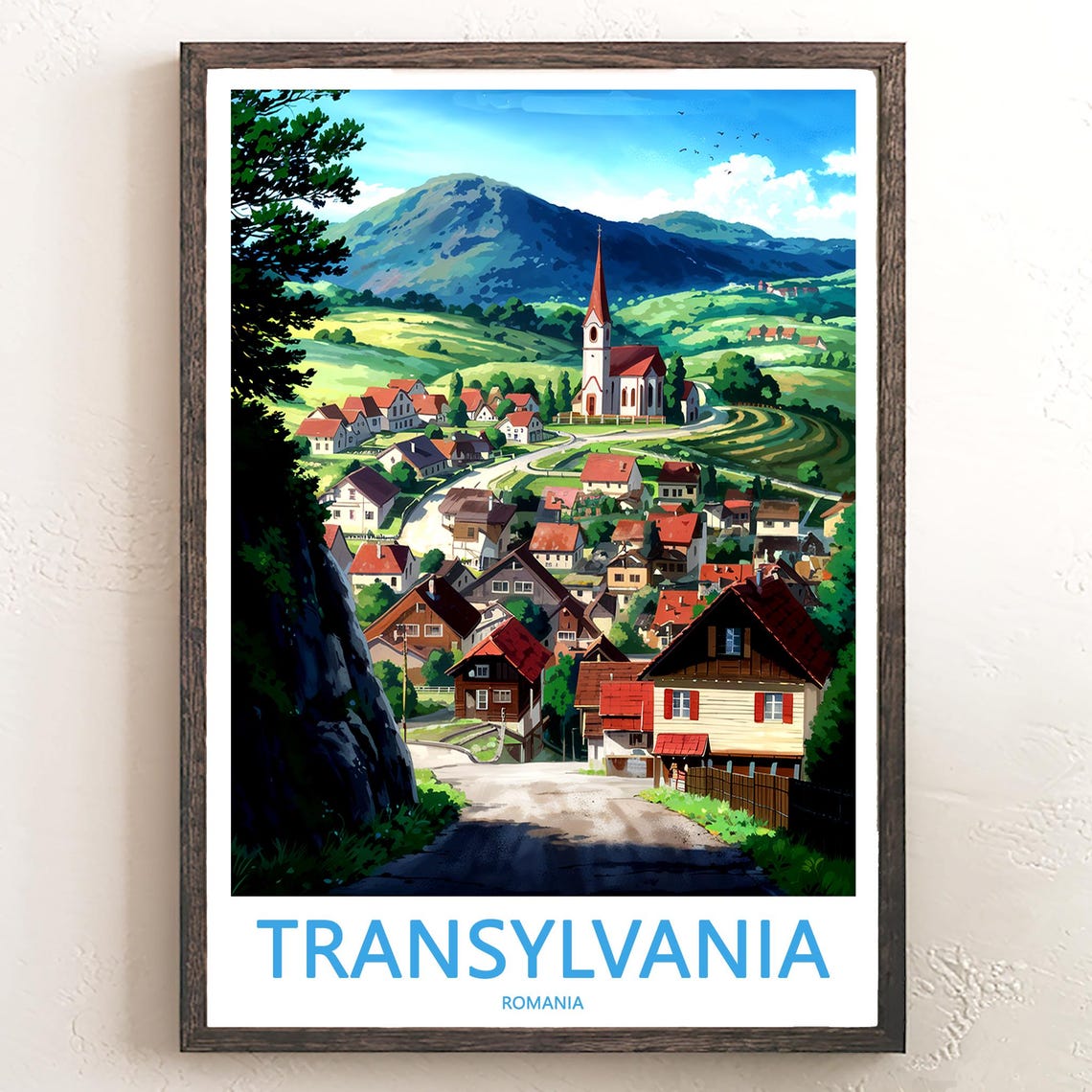 Transylvania Romania Hillside Village Church Illustration Poster