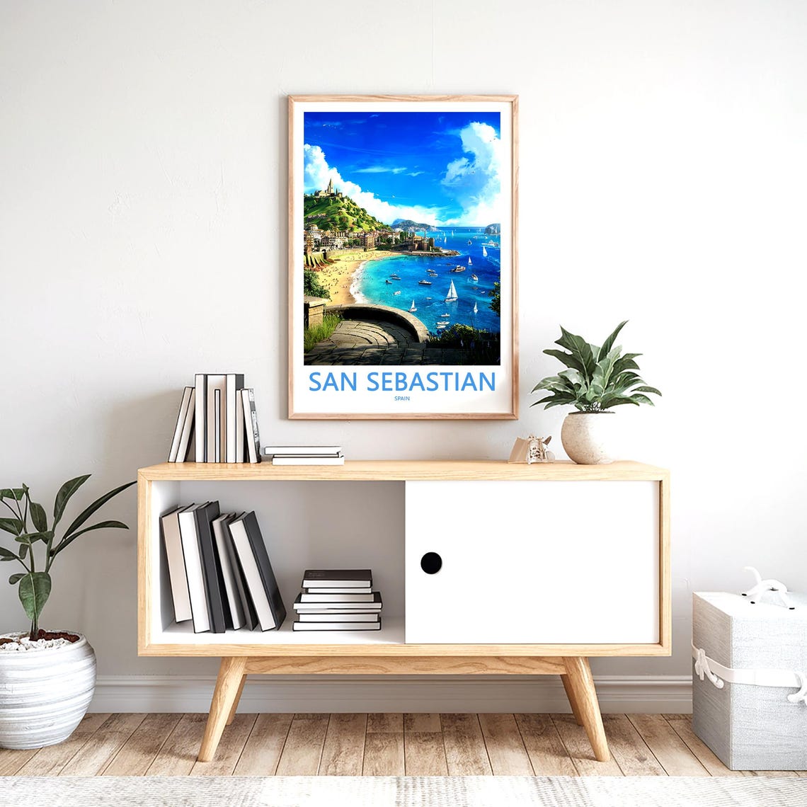 San Sebastian Beach Sailboats Monte Igueldo Coast Travel Poster - Image 2