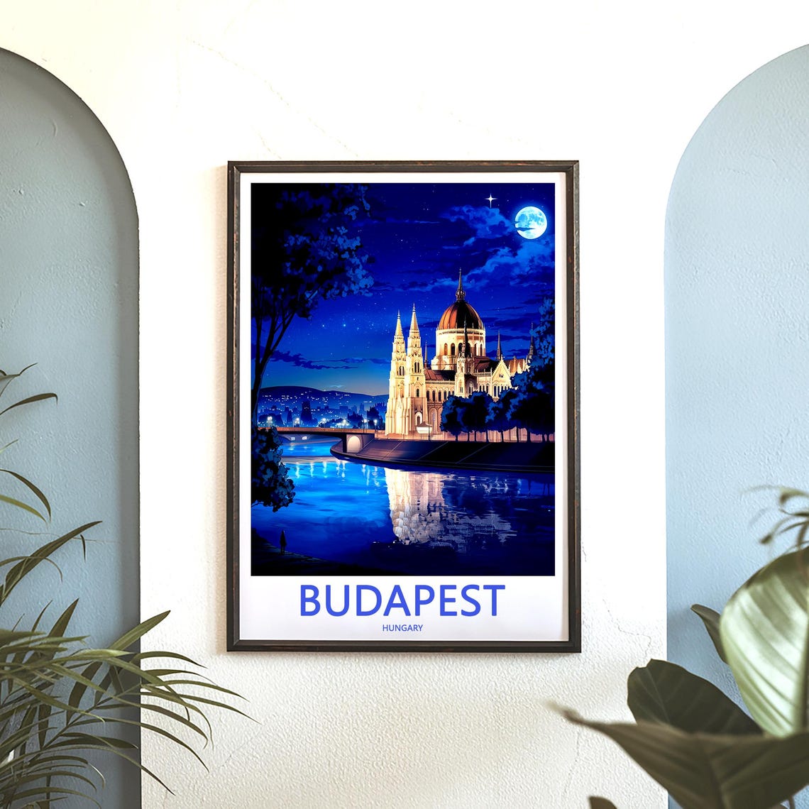 Budapest Hungary Vintage Yellow Tram Crossing River Bridge Poster - Image 3
