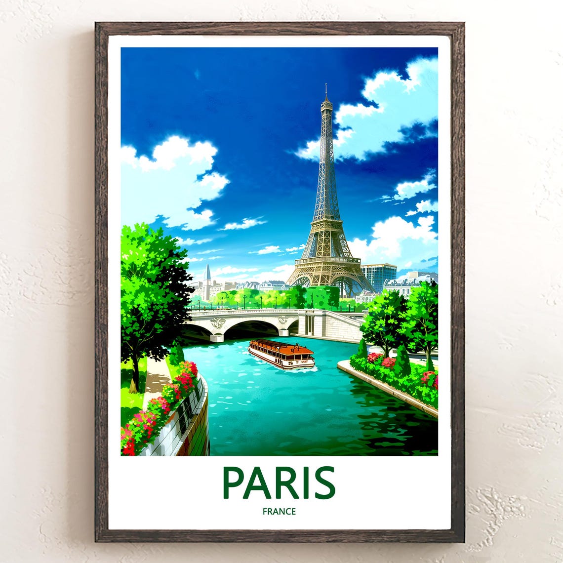 Paris Eiffel Tower Beside the Seine Under a Deep Blue Sky Poster
