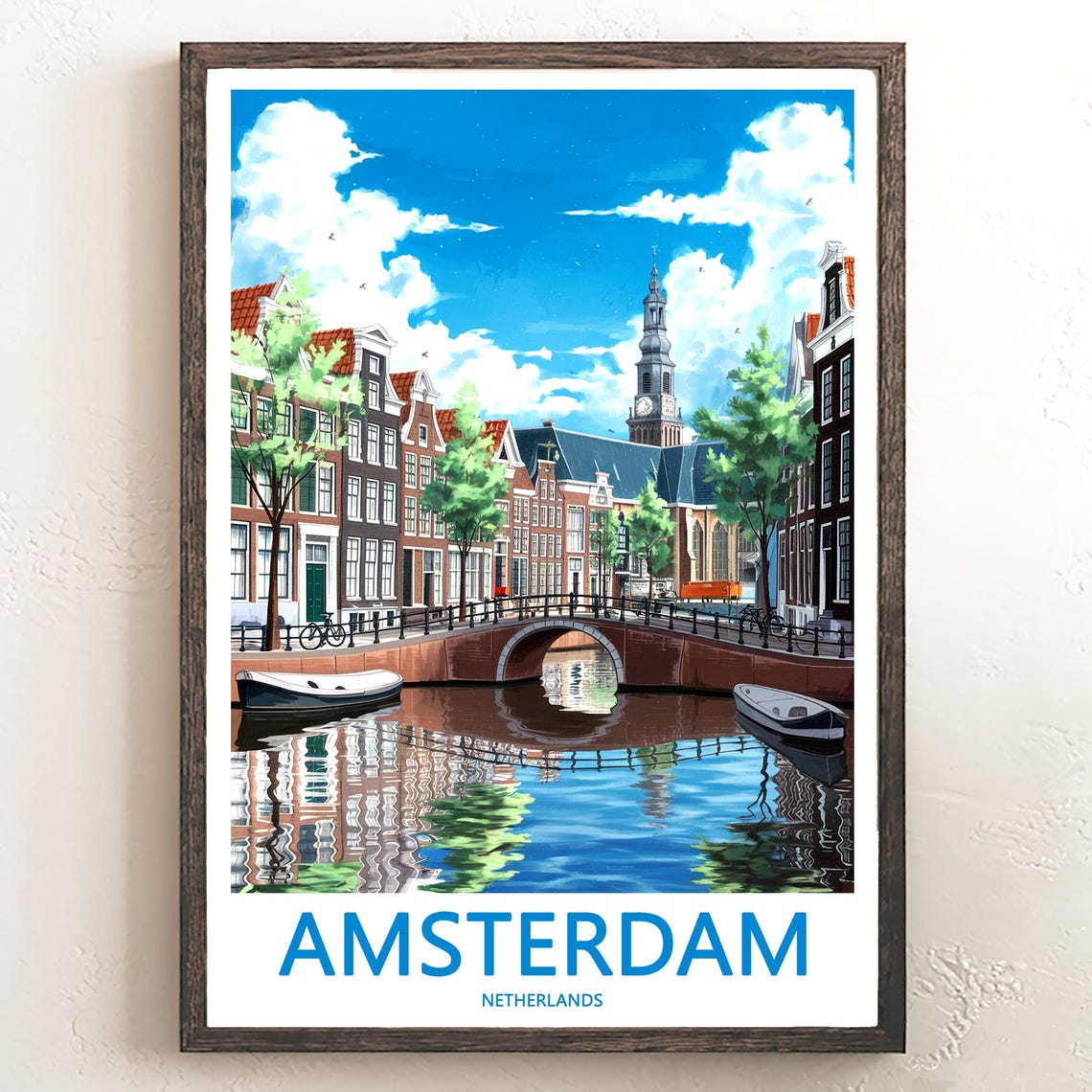 Amsterdam Sunny Day Canal Bridge and Boats Netherlands Art Poster