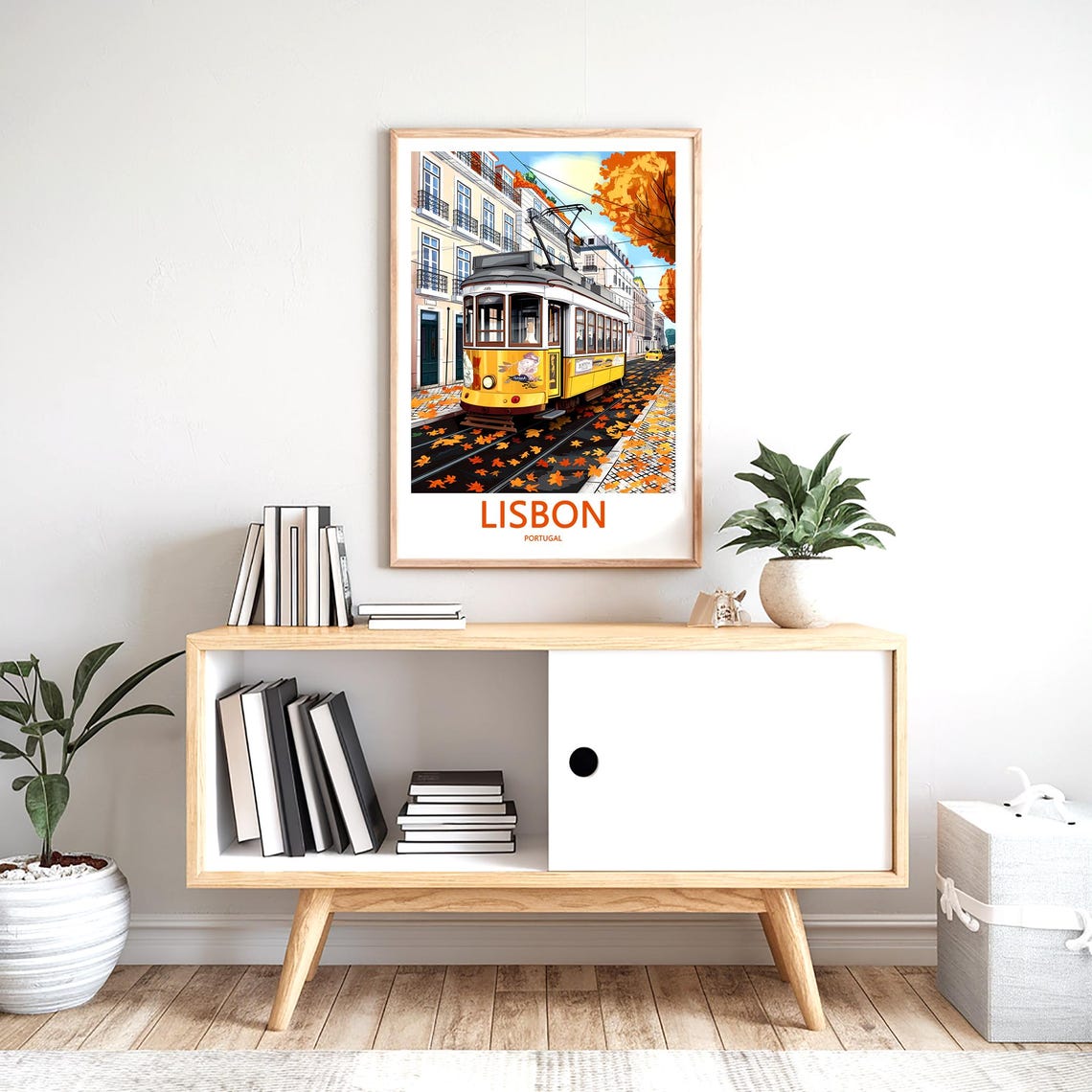 Lisbon Yellow Tram 1128 in Autumn With Fallen Orange Leaves Poster - Image 2