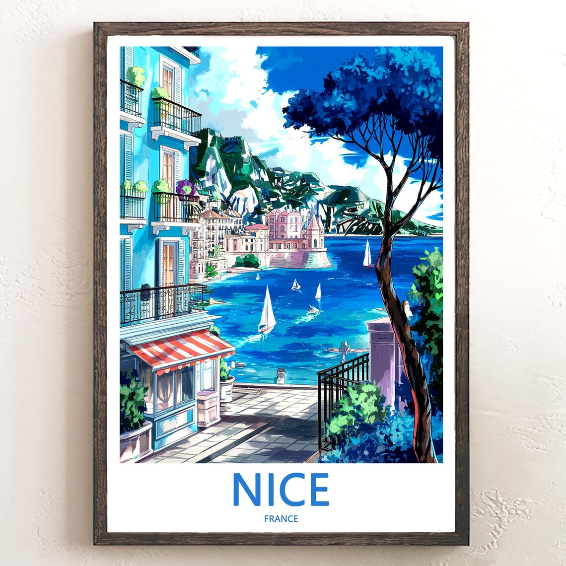 Nice France Harbor Blue Balconies Sailboats Travel Art Poster