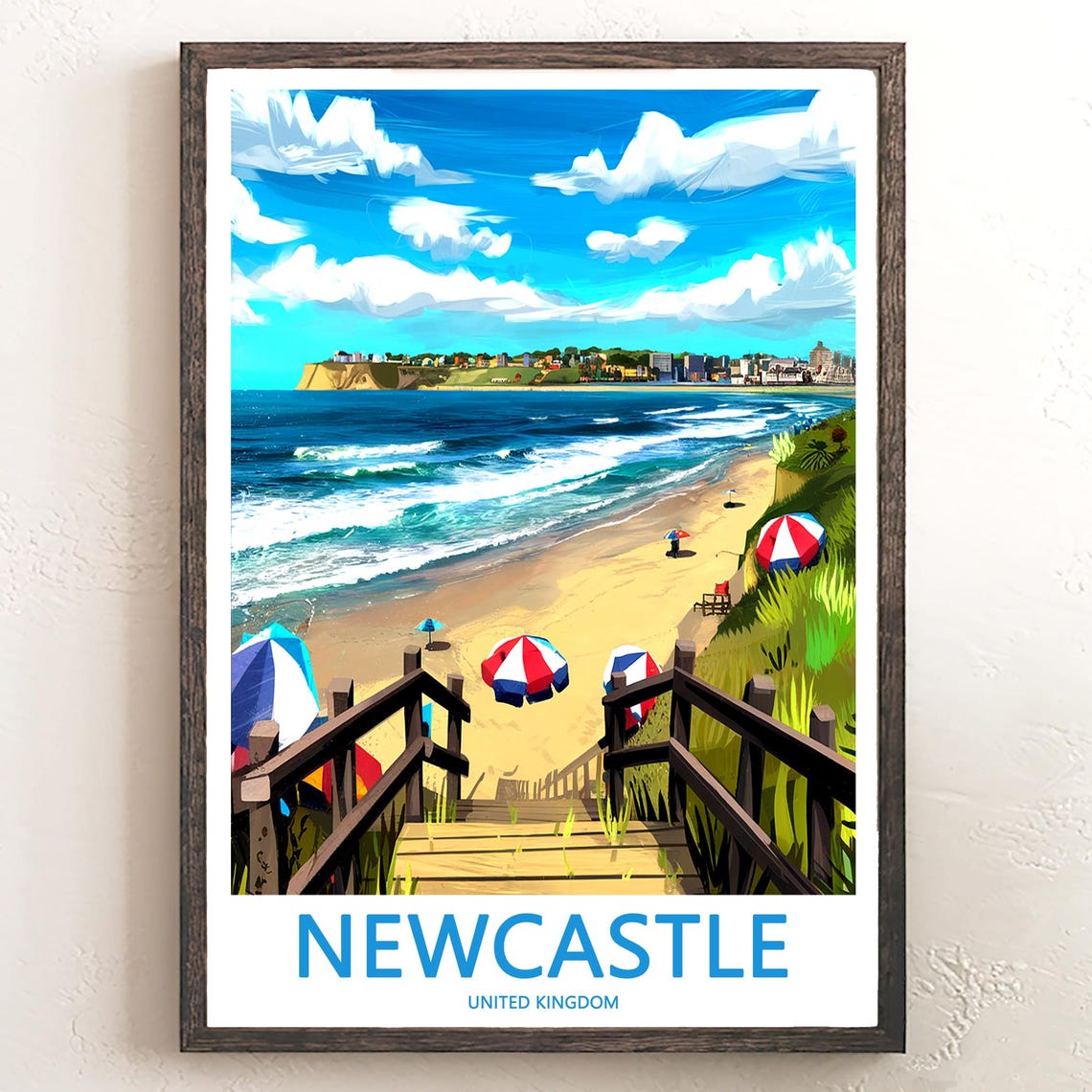 Newcastle Beach Boardwalk with Colorful Umbrellas Sunny Travel Poster