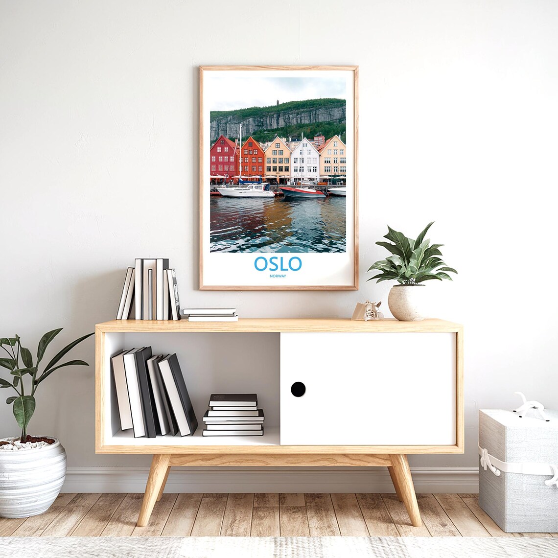 Oslo Harbor Colorful Houses and Sailboats Under Cliff Poster - Image 2