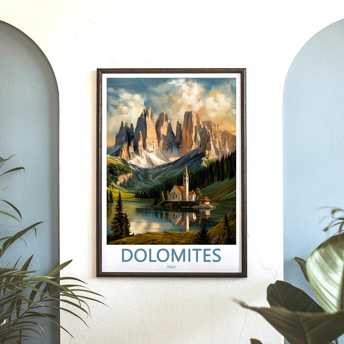 Dolomites Sunset Peaks with Church Lake Reflection Travel Poster - Image 3