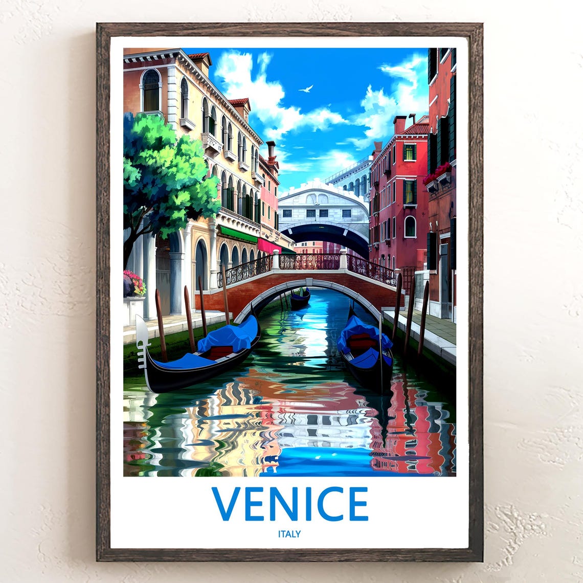 Venice Italy Illustrated Narrow Canal With Bridge And Gondolas Poster