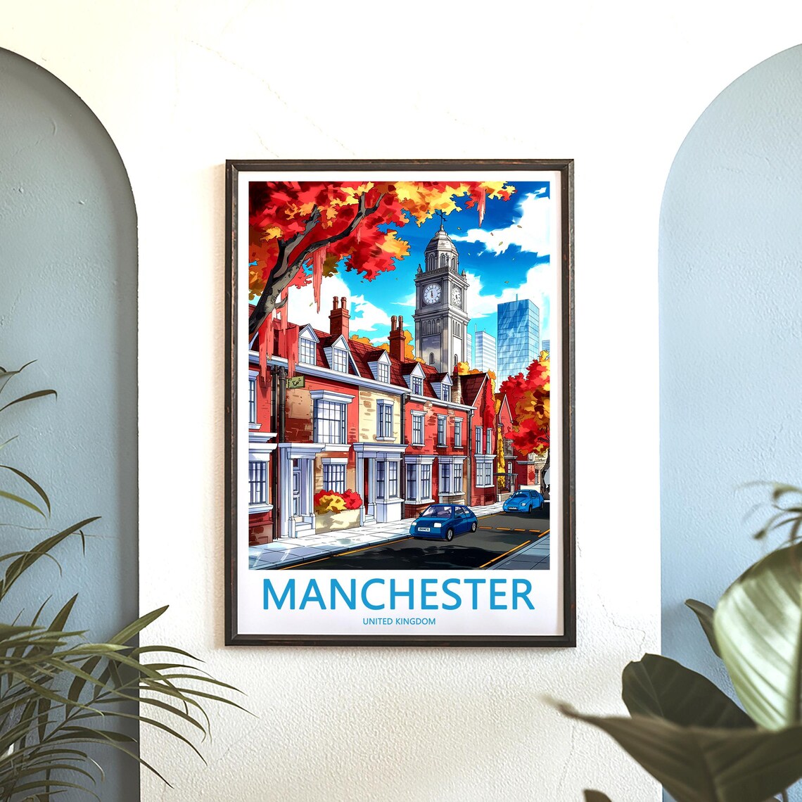 Manchester Autumn Street Red Brick Clock Tower Travel Poster - Image 3