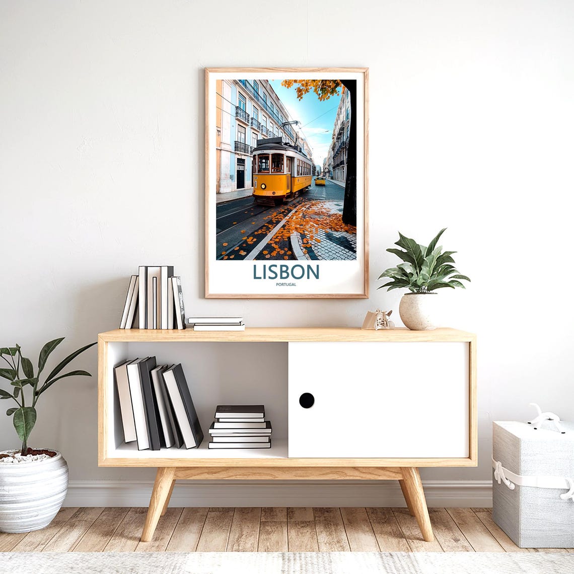 Lisbon Yellow Tram on an Autumn Street Strewn With Leaves Poster - Image 2