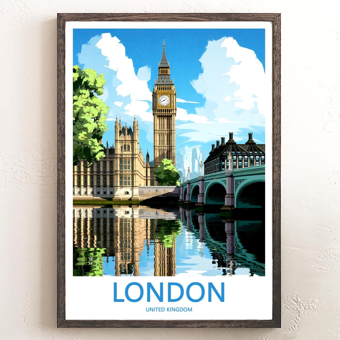 London Parliament Big Ben Mirrored Thames Daytime View Poster