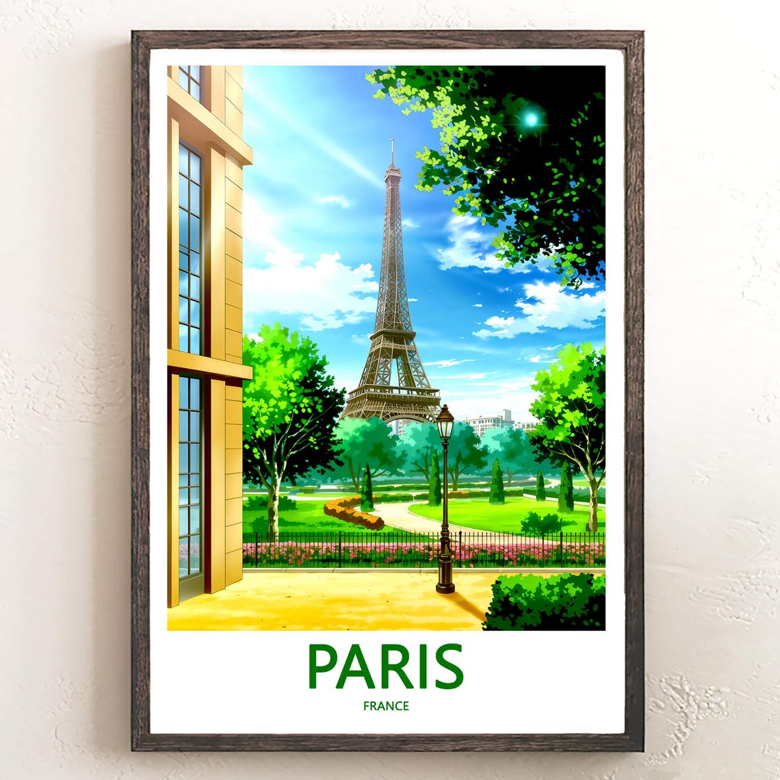 Paris Eiffel Tower Over a Bright Sunny Garden Terrace View Poster