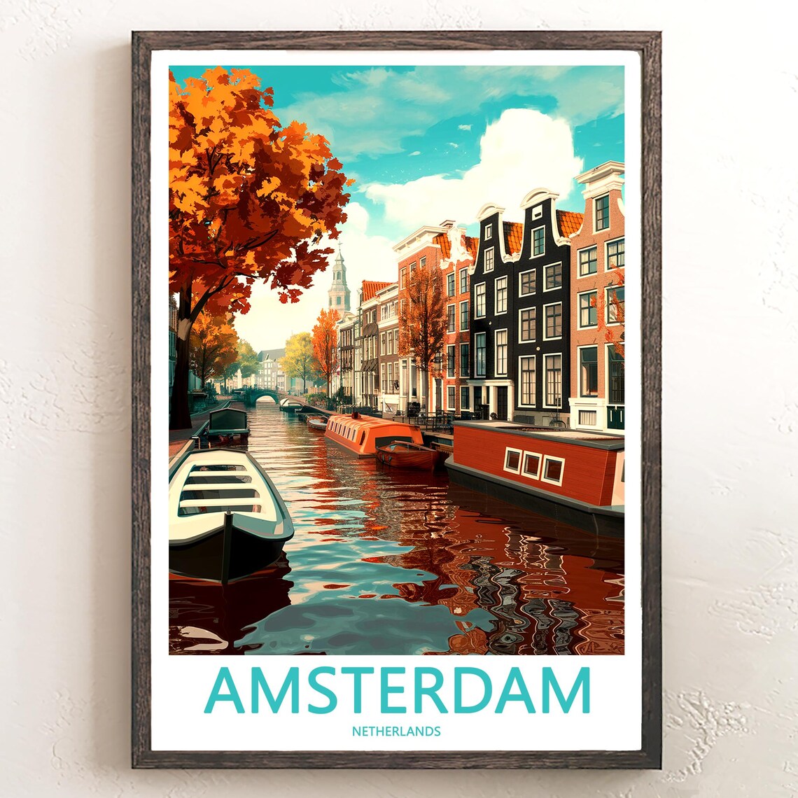 Amsterdam Canal Autumn Houseboat Reflections Illustrated Poster