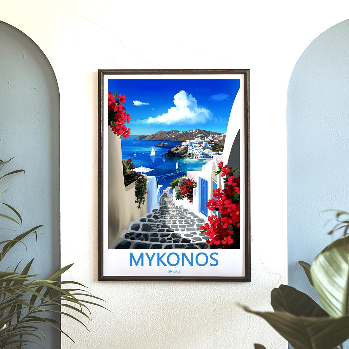 Mykonos Steps Down To The Harbor Red Flowers Greece Art Poster - Image 3