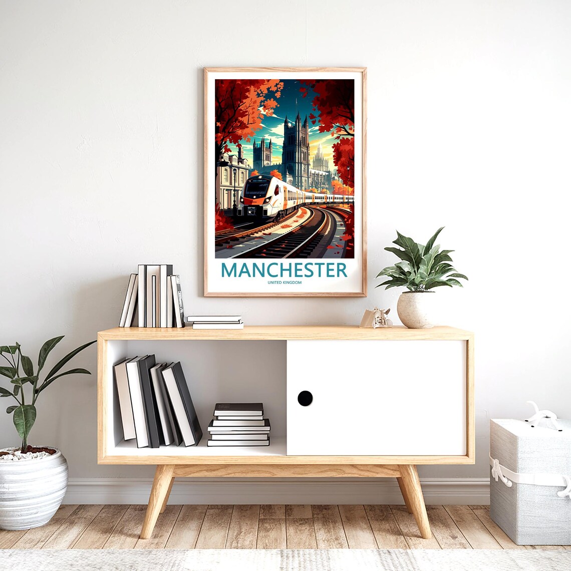 Manchester United Kingdom Autumn Train Before Gothic Cathedral Poster - Image 2