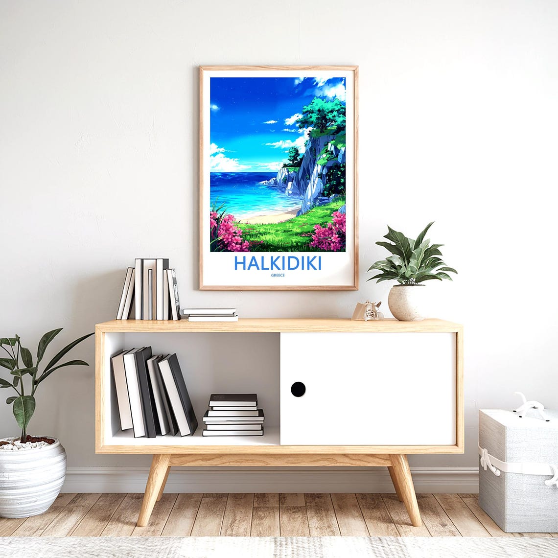 Halkidiki Greece Anime Style Rocky Cliff Beach Pink Flowers Poster - Image 2
